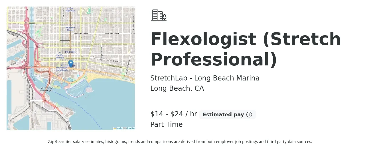 StretchLab - Long Beach Marina job posting for a Flexologist (Stretch Professional) in Long Beach, CA with a salary of $15 to $25 Hourly with a map of Long Beach location.