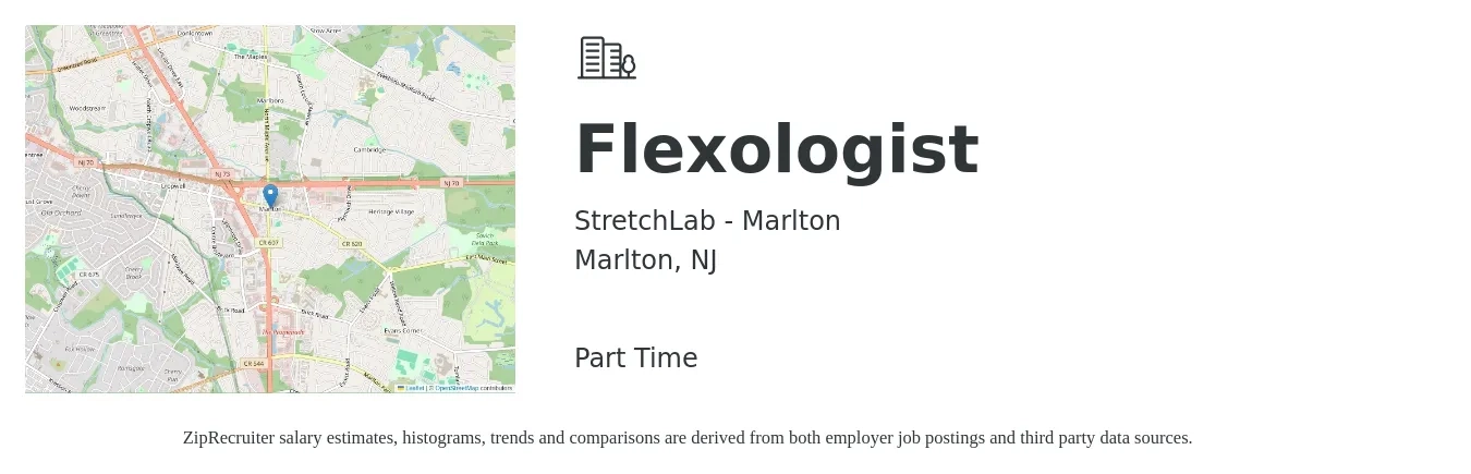 StretchLab - Marlton job posting for a Flexologist in Marlton, NJ with a salary of $24 to $32 Hourly with a map of Marlton location.
