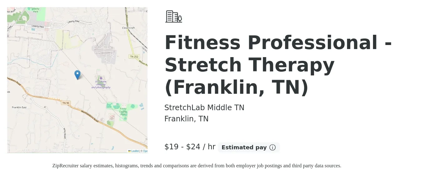 StretchLab Middle TN job posting for a Fitness Professional - Stretch Therapy (Franklin, TN) in Franklin, TN with a salary of $20 to $25 Hourly with a map of Franklin location.