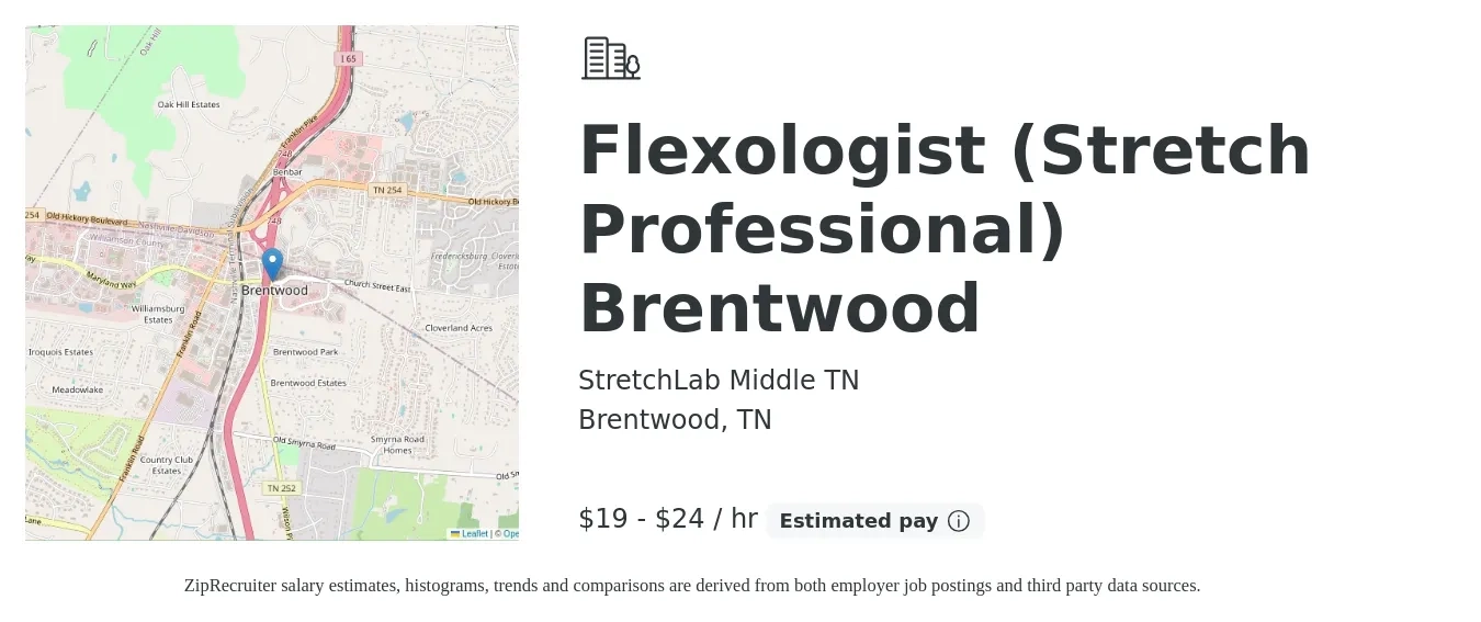 StretchLab Middle TN job posting for a Flexologist (Stretch Professional) Brentwood in Brentwood, TN with a salary of $20 to $25 Hourly with a map of Brentwood location.