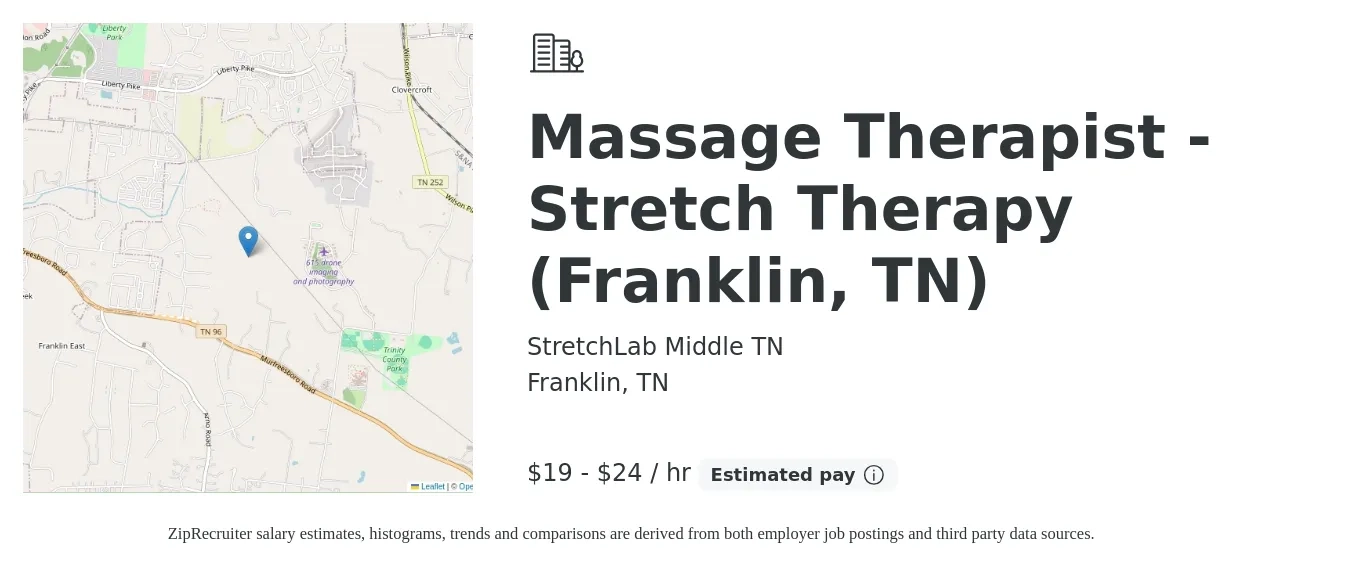 StretchLab Middle TN job posting for a Massage Therapist - Stretch Therapy (Franklin, TN) in Franklin, TN with a salary of $20 to $25 Hourly with a map of Franklin location.