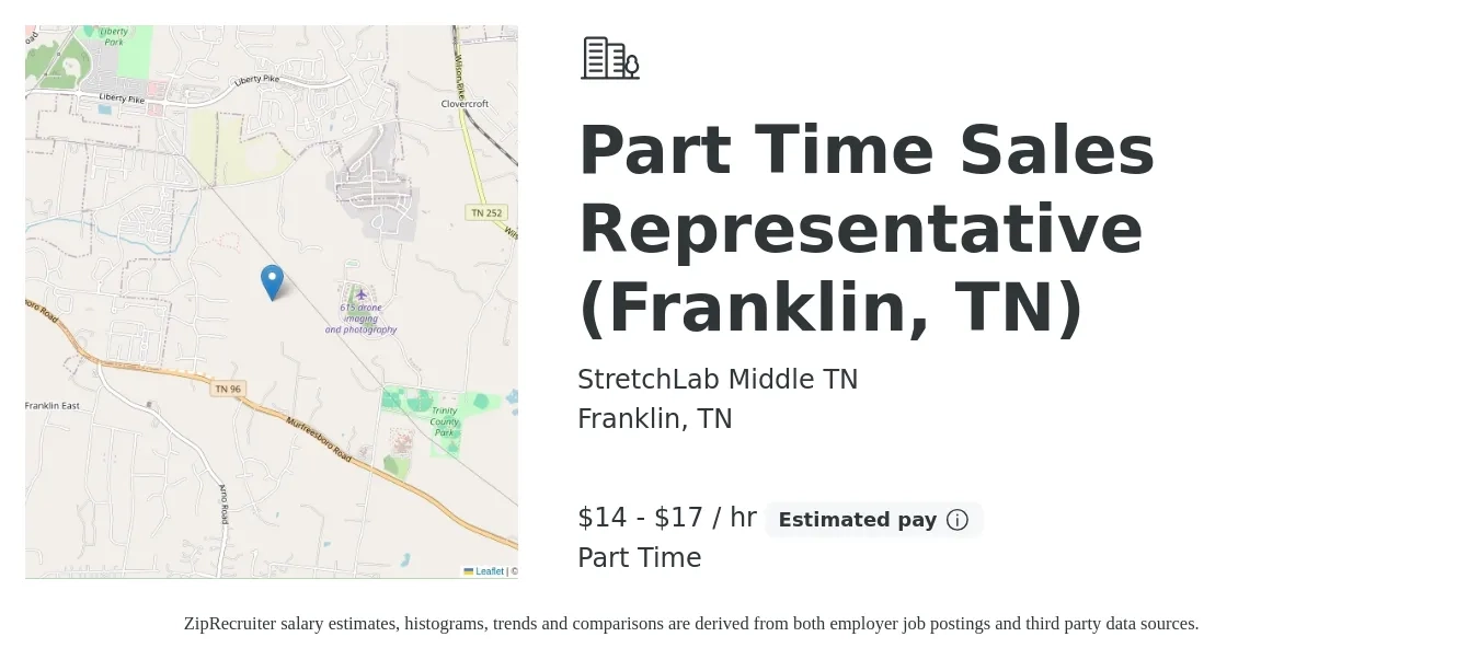 StretchLab Middle TN job posting for a Part Time Sales Representative (Franklin, TN) in Franklin, TN with a salary of $15 to $18 Hourly with a map of Franklin location.