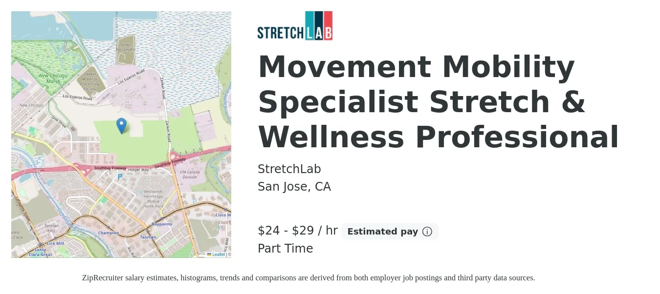 StretchLab job posting for a Movement Mobility Specialist Stretch & Wellness Professional in San Jose, CA with a salary of $25 to $31 Hourly with a map of San Jose location.