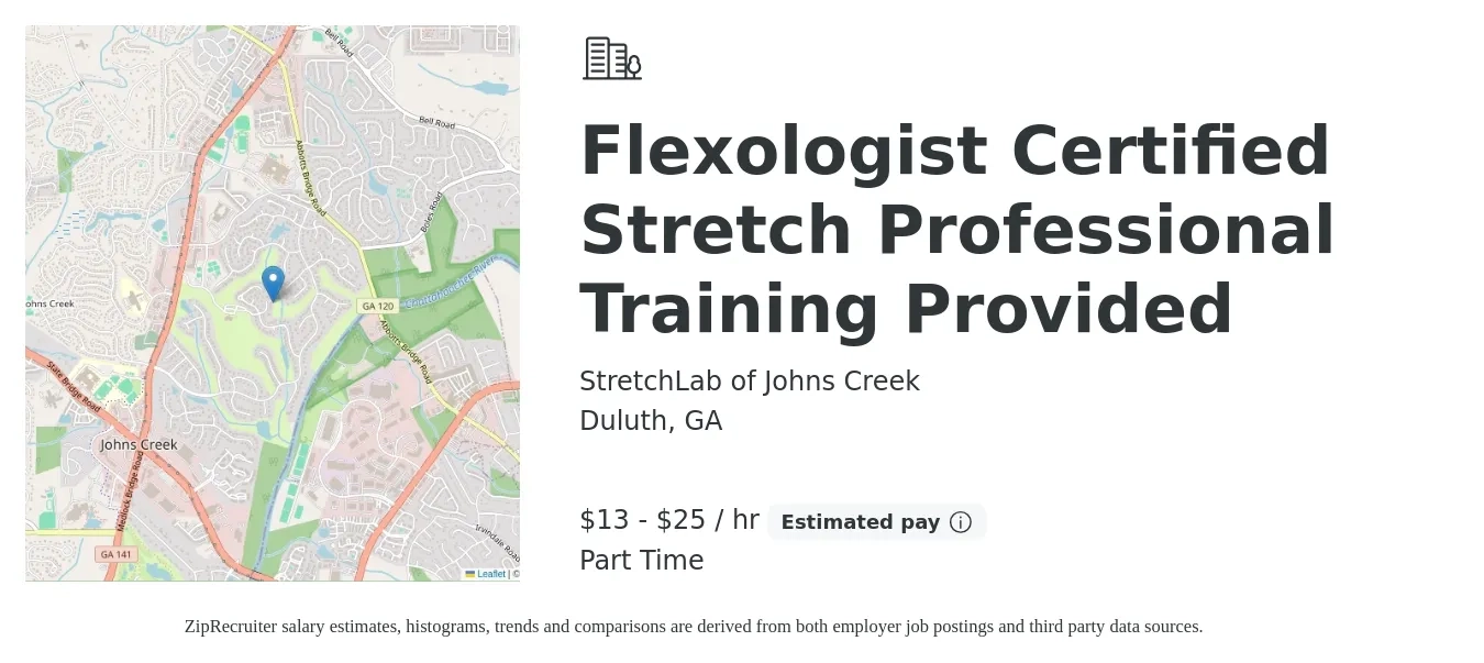 StretchLab of Johns Creek job posting for a Flexologist Certified Stretch Professional Training Provided in Duluth, GA with a salary of $14 to $26 Hourly with a map of Duluth location.