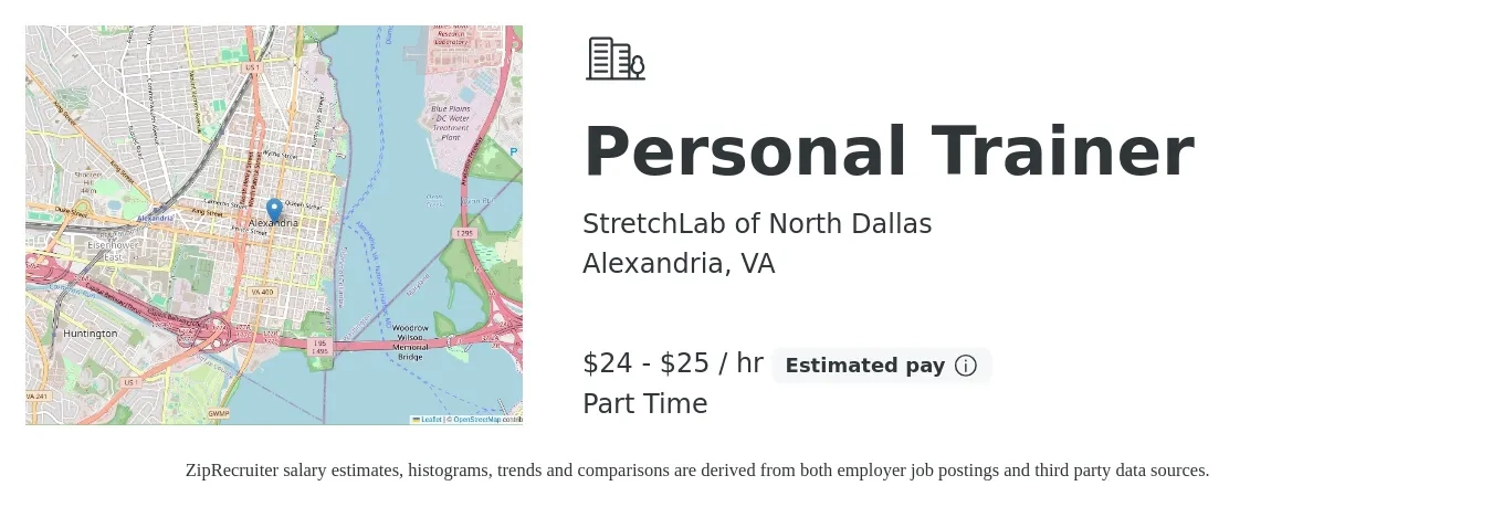 StretchLab of North Dallas job posting for a Personal Trainer in Alexandria, VA with a salary of $30 to $35 Hourly with a map of Alexandria location.