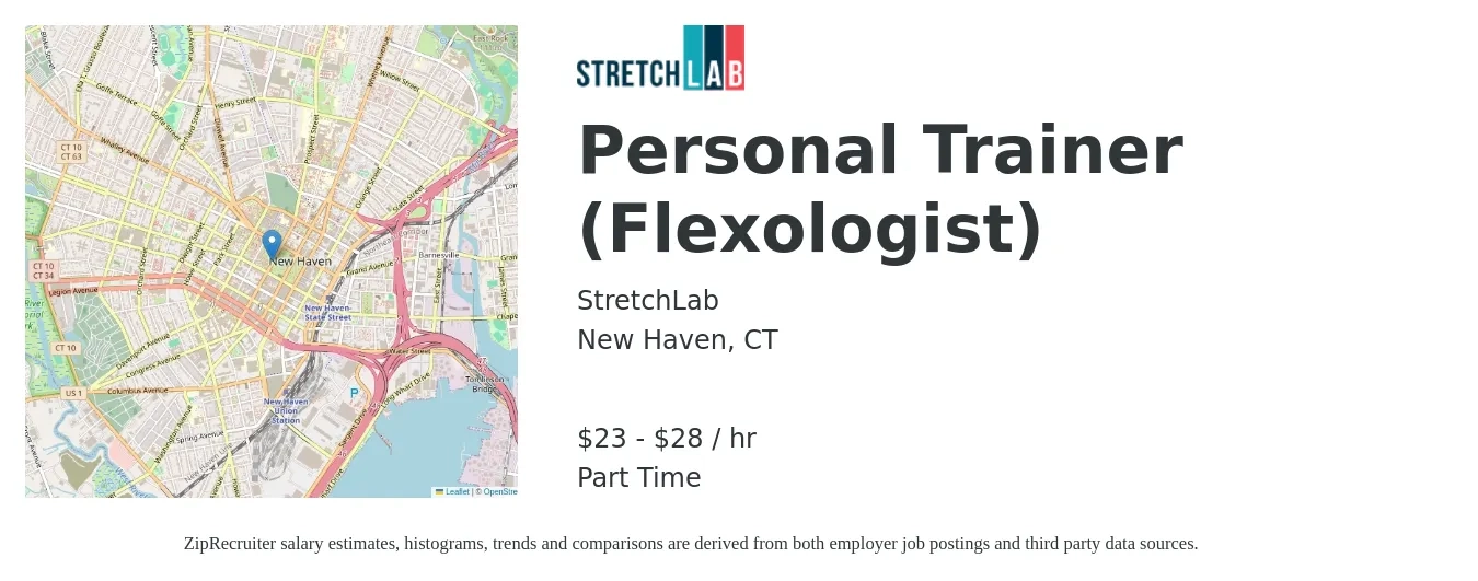 StretchLab job posting for a Personal Trainer (Flexologist) in New Haven, CT with a salary of $24 to $30 Hourly with a map of New Haven location.