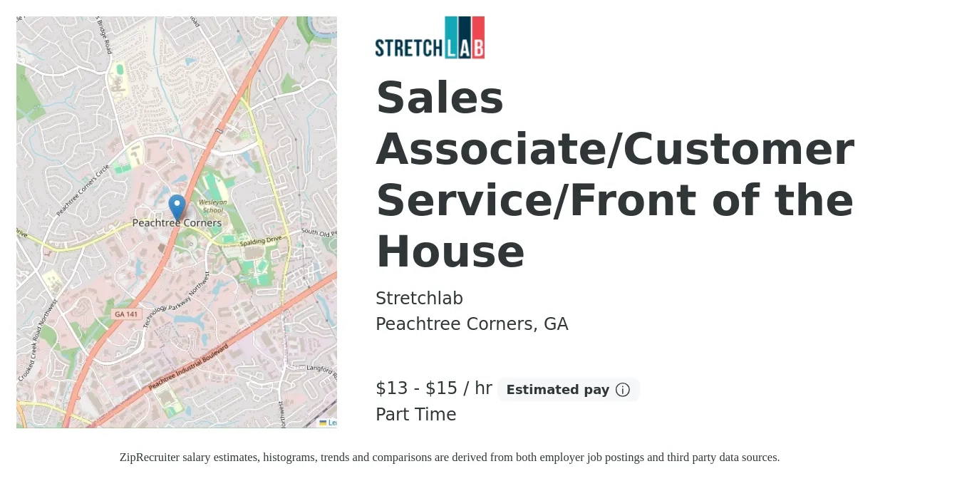 Stretchlab job posting for a Sales Associate/Customer Service/Front of the House in Peachtree Corners, GA with a salary of $14 to $16 Hourly with a map of Peachtree Corners location.