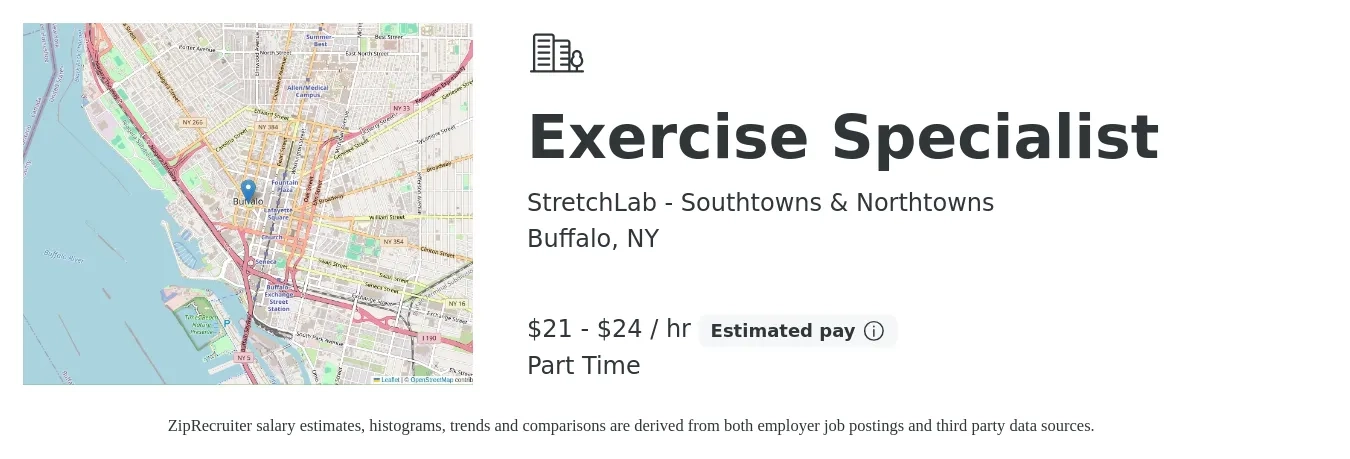 StretchLab - Southtowns & Northtowns job posting for a Exercise Specialist in Buffalo, NY with a salary of $22 to $25 Hourly with a map of Buffalo location.