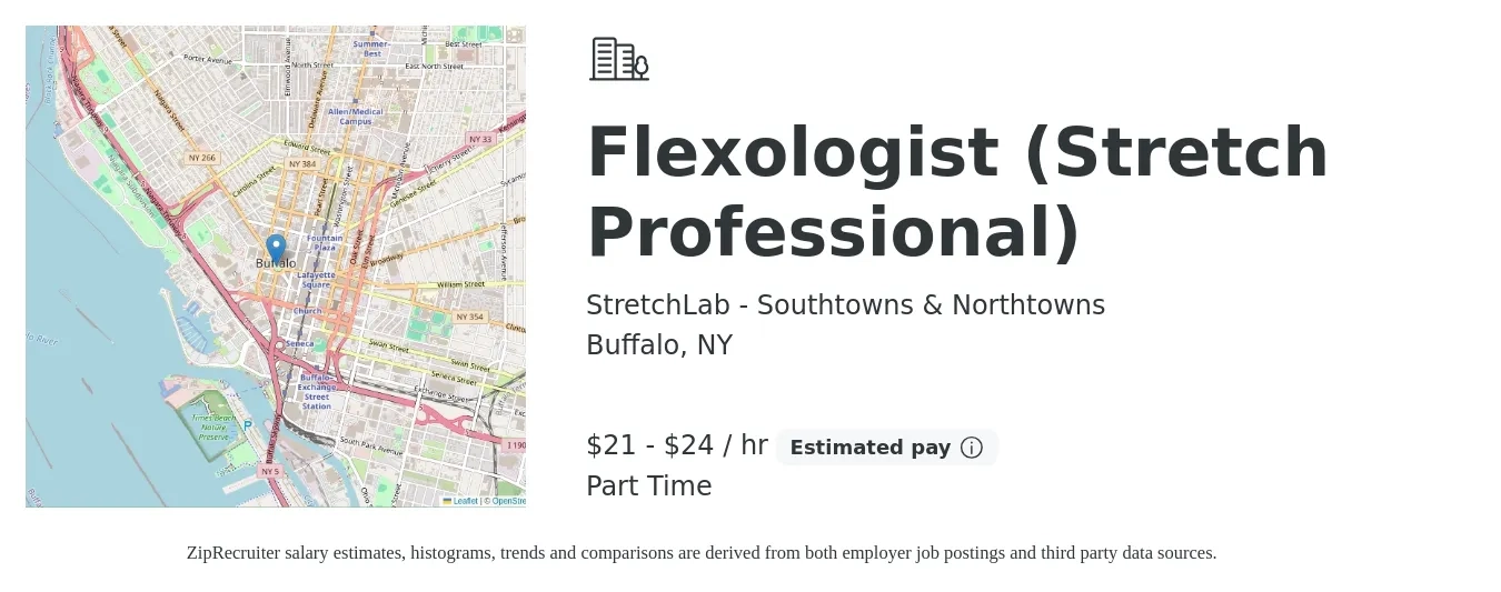 StretchLab - Southtowns & Northtowns job posting for a Flexologist (Stretch Professional) in Buffalo, NY with a salary of $22 to $25 Hourly with a map of Buffalo location.