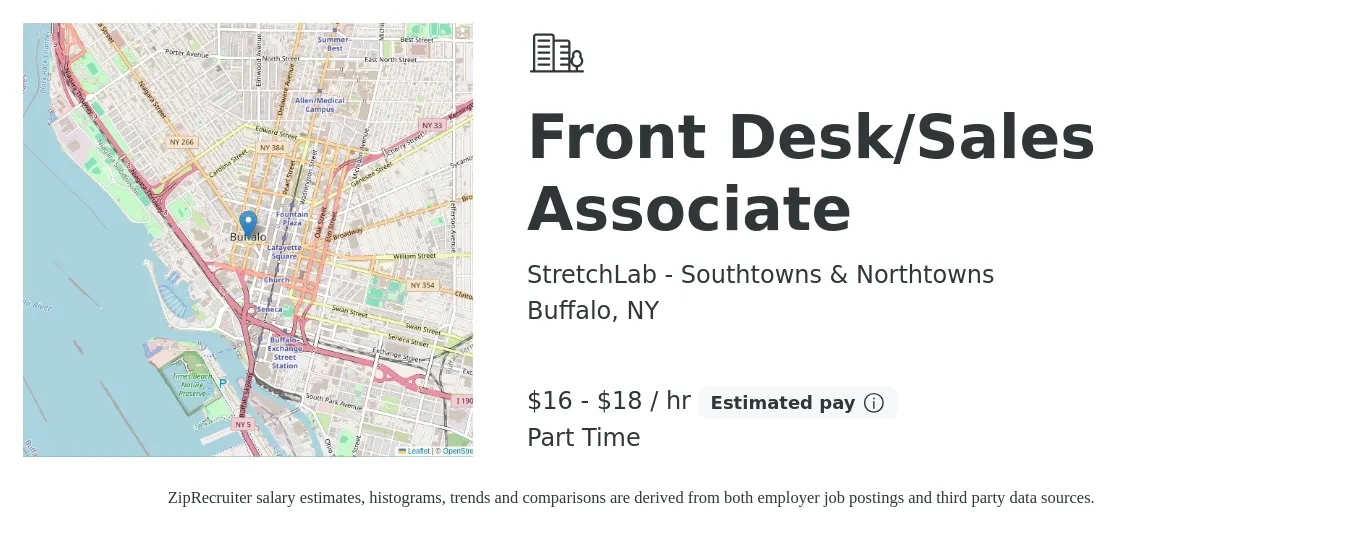 StretchLab - Southtowns & Northtowns job posting for a Front Desk/Sales Associate in Buffalo, NY with a salary of $17 to $19 Hourly with a map of Buffalo location.