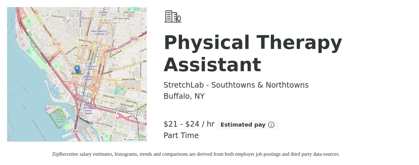 StretchLab - Southtowns & Northtowns job posting for a Physical Therapy Assistant in Buffalo, NY with a salary of $22 to $25 Hourly with a map of Buffalo location.