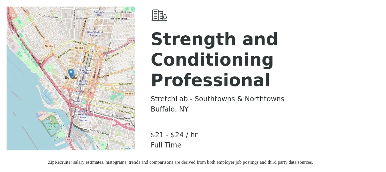 StretchLab - Southtowns & Northtowns job posting for a Strength and Conditioning Professional in Buffalo, NY with a salary of $22 to $25 Hourly with a map of Buffalo location.