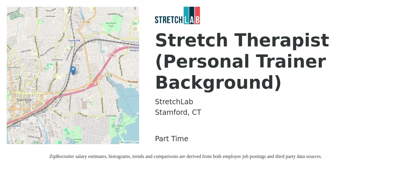 StretchLab job posting for a Stretch Therapist (Personal Trainer Background) in Stamford, CT with a salary of $24 to $28 Hourly with a map of Stamford location.