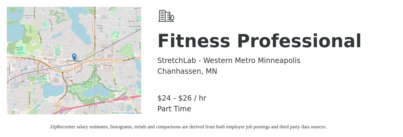 StretchLab - Western Metro Minneapolis job posting for a Fitness Professional in Chanhassen, MN with a salary of $23 to $25 Hourly with a map of Chanhassen location.