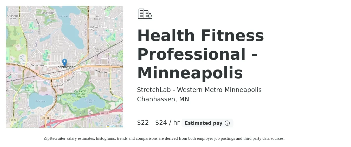StretchLab - Western Metro Minneapolis job posting for a Health Fitness Professional - Minneapolis in Chanhassen, MN with a salary of $23 to $25 Hourly with a map of Chanhassen location.