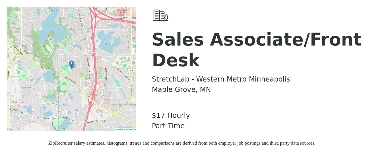 StretchLab - Western Metro Minneapolis job posting for a Sales Associate/Front Desk in Maple Grove, MN with a salary of $16 to $18 Yearly with a map of Maple Grove location.