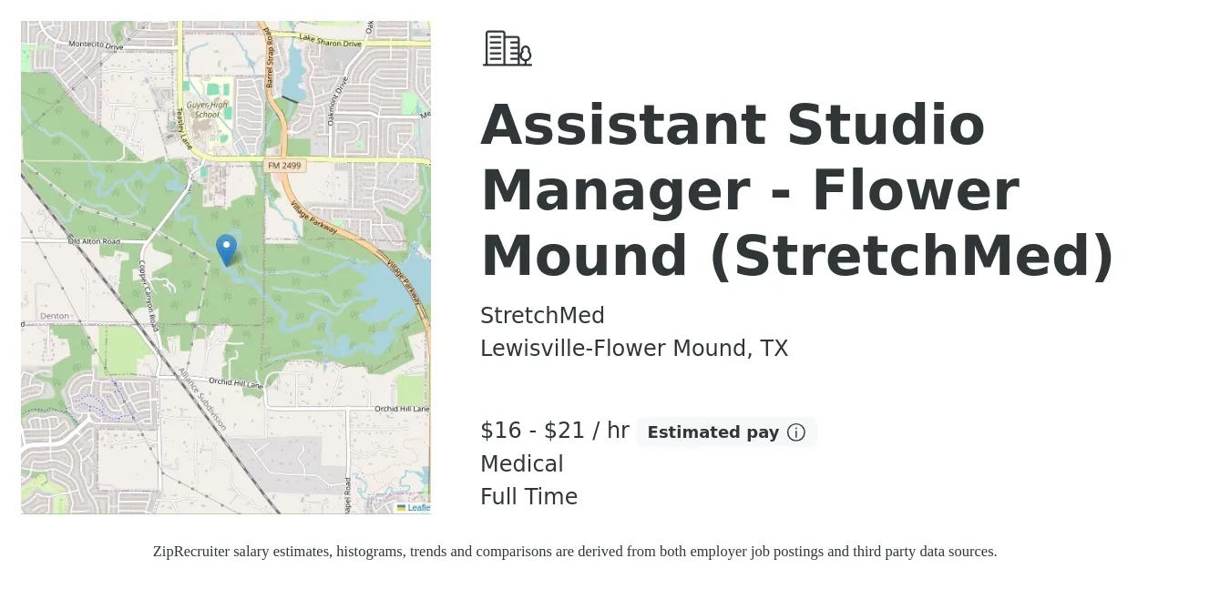 StretchMed job posting for a Assistant Studio Manager - Flower Mound (StretchMed) in Lewisville-Flower Mound, TX with a salary of $17 to $22 Hourly (plus commission) and benefits including medical, and pto with a map of Lewisville-Flower Mound location.