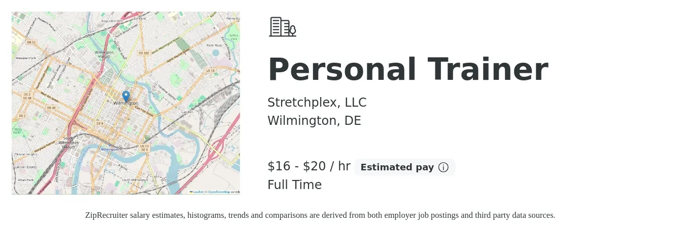 Stretchplex, LLC job posting for a Personal Trainer in Wilmington, DE with a salary of $17 to $21 Hourly with a map of Wilmington location.