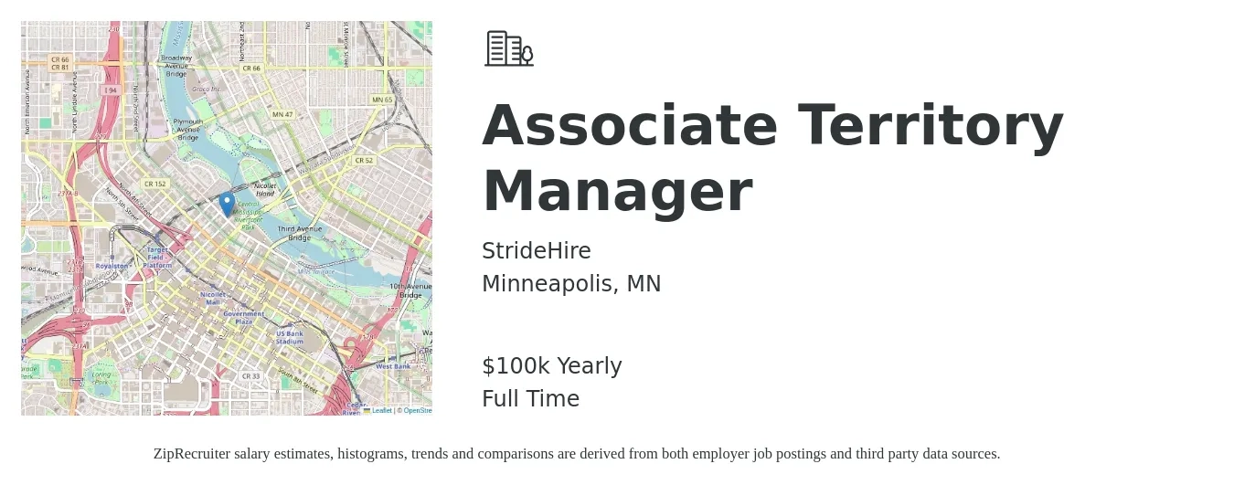 StrideHire job posting for a Associate Territory Manager in Minneapolis, MN with a salary of $100,000 Yearly with a map of Minneapolis location.
