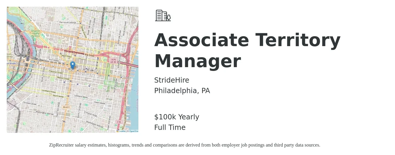StrideHire job posting for a Associate Territory Manager in Philadelphia, PA with a salary of $100,000 Yearly with a map of Philadelphia location.