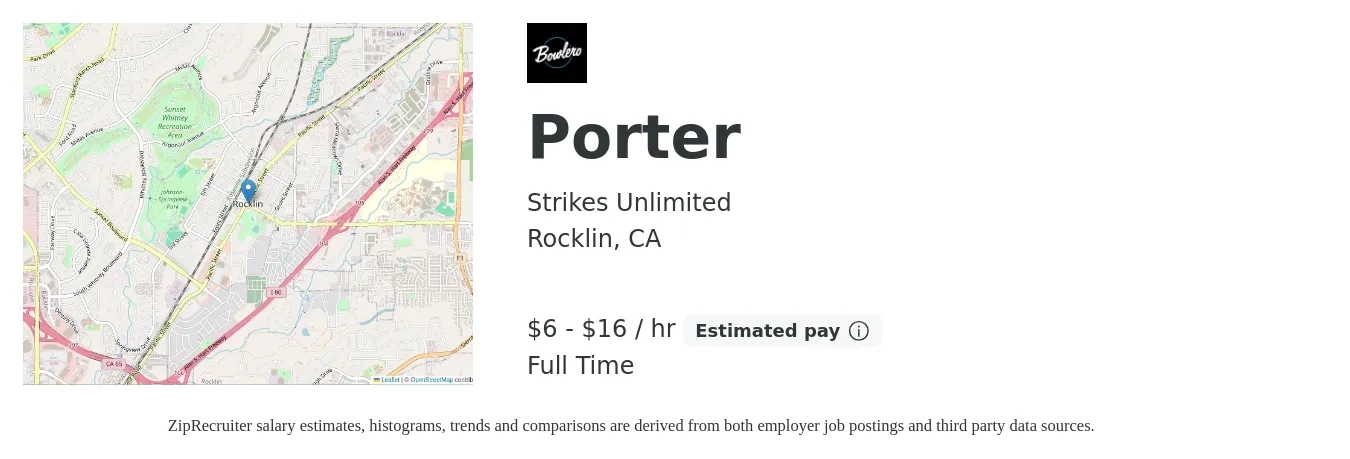 Strikes Unlimited job posting for a Porter in Rocklin, CA with a salary of $7 to $17 Hourly with a map of Rocklin location.