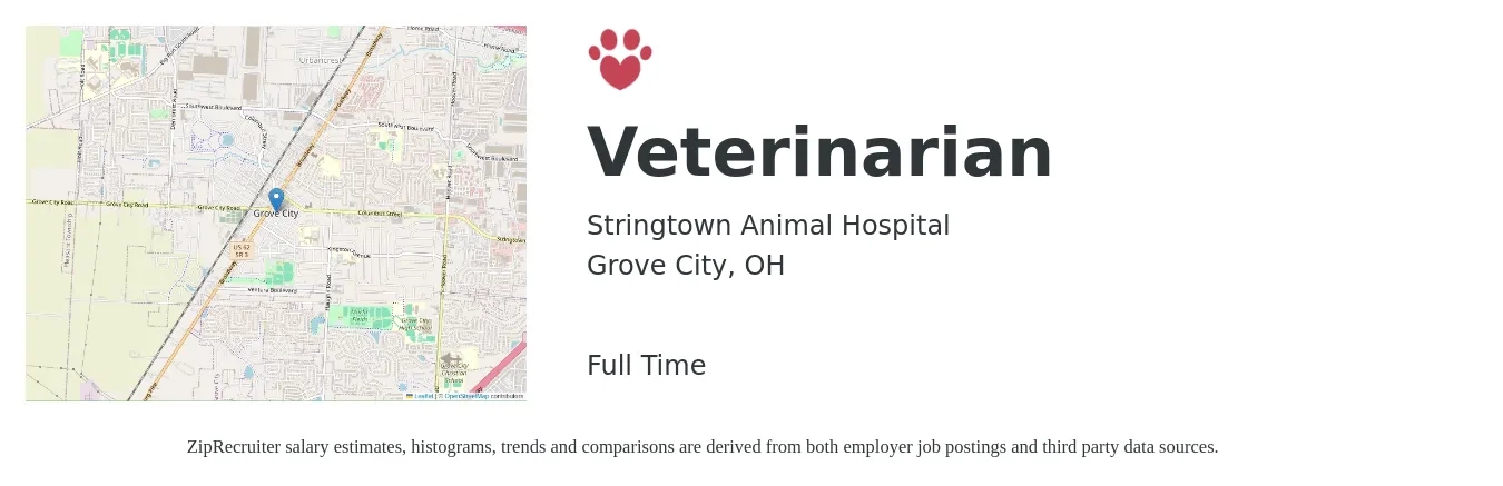 Stringtown Animal Hospital job posting for a Veterinarian in Grove City, OH with a salary of $105,100 to $204,600 Yearly with a map of Grove City location.