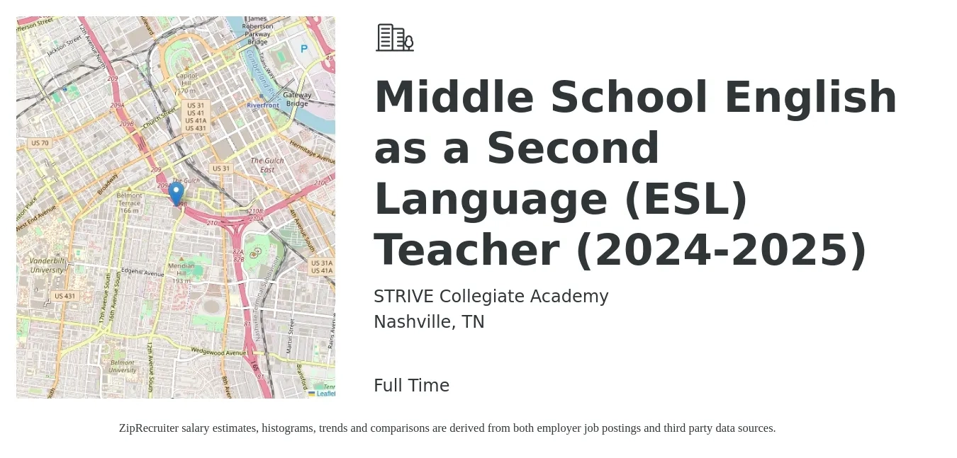 Strive Collegiate Academy job posting for a Middle School English as a Second Language (ESL) Teacher (2024-2025) in Nashville, TN with a salary of $41,600 to $58,000 Yearly with a map of Nashville location.