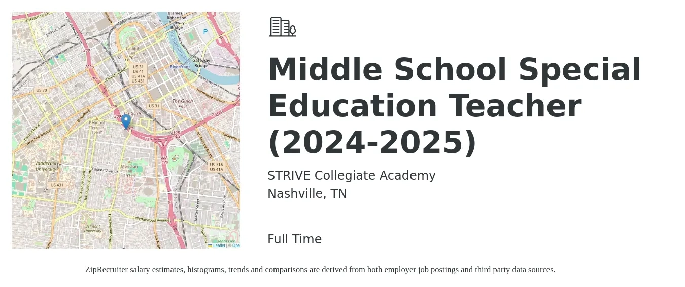 Strive Collegiate Academy job posting for a Middle School Special Education Teacher (2024-2025) in Nashville, TN with a salary of $46,900 to $59,000 Yearly with a map of Nashville location.