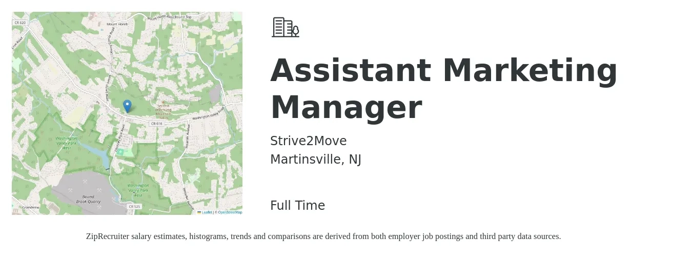 Strive2Move job posting for a Assistant Marketing Manager in Martinsville, NJ with a salary of $20 to $32 Hourly with a map of Martinsville location.