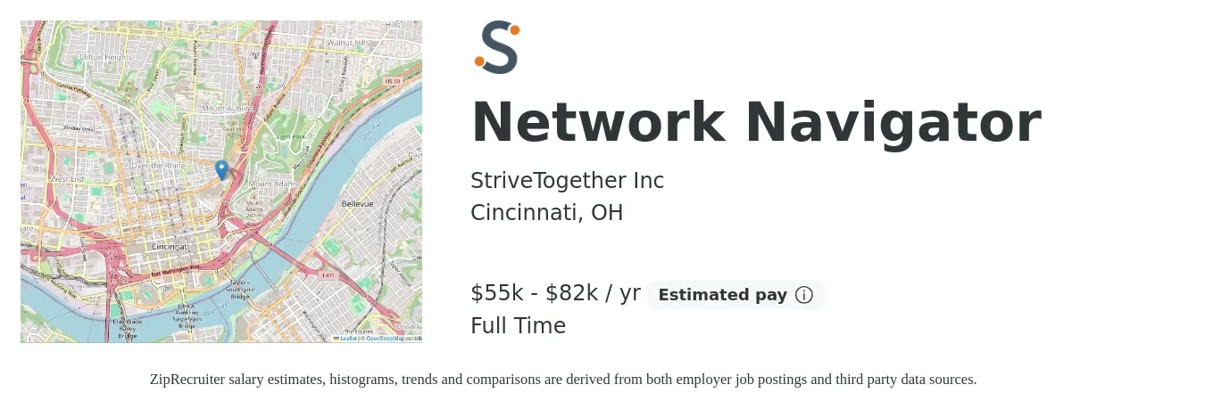 StriveTogether Inc job posting for a Network Navigator in Cincinnati, OH with a salary of $55,000 to $82,000 Yearly with a map of Cincinnati location.