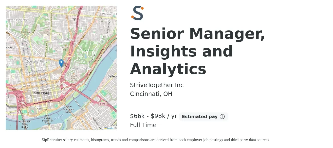 StriveTogether Inc job posting for a Senior Manager, Insights and Analytics in Cincinnati, OH with a salary of $66,000 to $98,000 Yearly with a map of Cincinnati location.