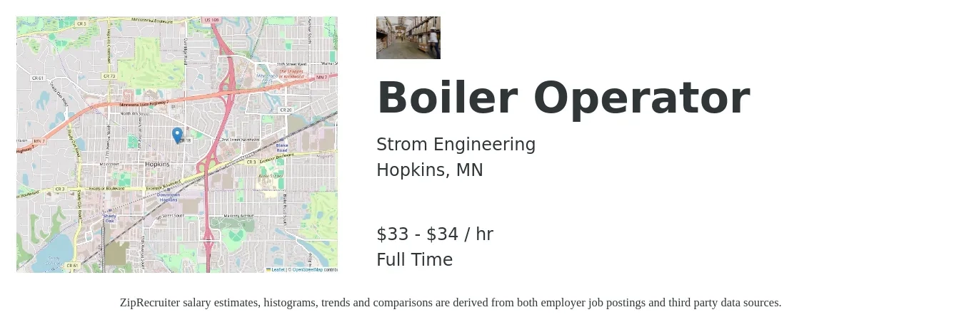 Strom Engineering job posting for a Boiler Operator in Hopkins, MN with a salary of $35 to $36 Hourly with a map of Hopkins location.