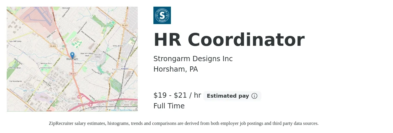 Strongarm Designs Inc job posting for a HR Coordinator in Horsham, PA with a salary of $20 to $22 Hourly with a map of Horsham location.