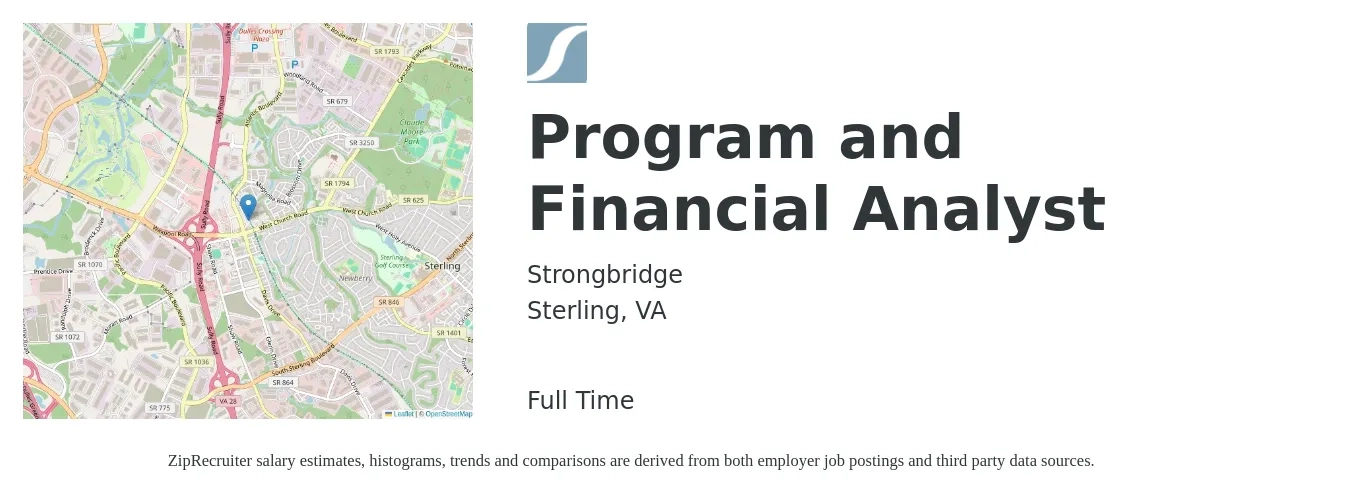 Strongbridge job posting for a Program and Financial Analyst in Sterling, VA with a salary of $65,000 to $85,000 Yearly with a map of Sterling location.