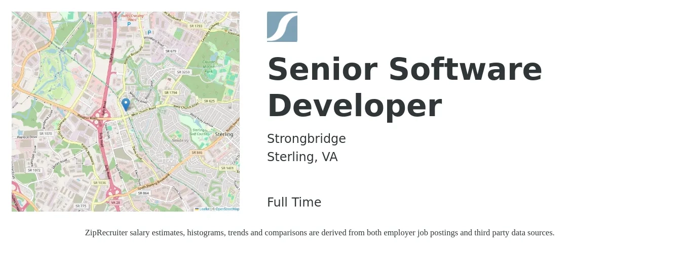Strongbridge job posting for a Senior Software Developer in Sterling, VA with a salary of $120,000 to $140,000 Yearly with a map of Sterling location.