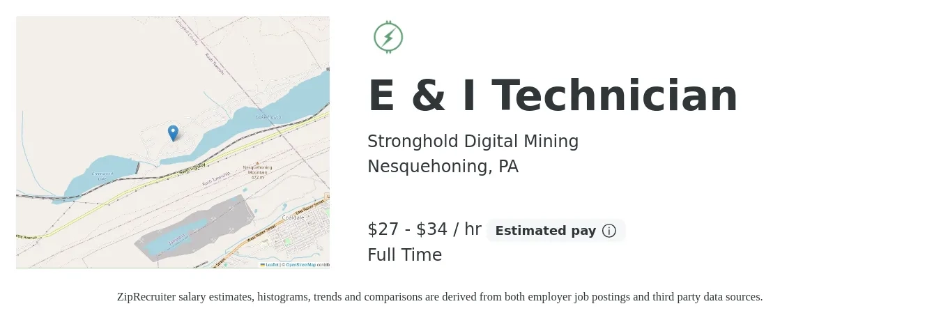 Stronghold Digital Mining job posting for a E & I Technician in Nesquehoning, PA with a salary of $28 to $36 Hourly with a map of Nesquehoning location.