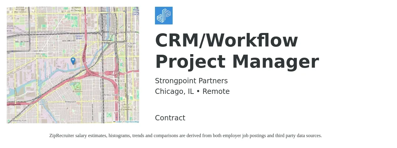 Strongpoint Partners job posting for a CRM/Workflow Project Manager in Chicago, IL with a salary of $81,000 to $126,900 Yearly with a map of Chicago location.