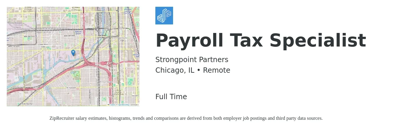Strongpoint Partners job posting for a Payroll Tax Specialist in Chicago, IL with a salary of $54,600 to $81,400 Yearly with a map of Chicago location.