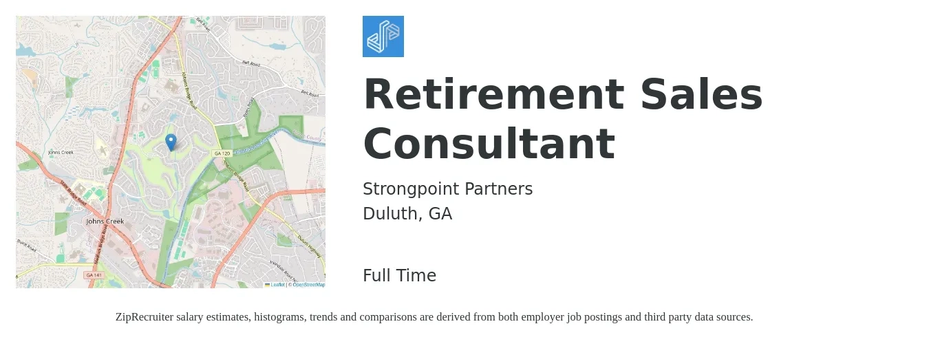 Strongpoint Partners job posting for a Retirement Sales Consultant in Duluth, GA with a salary of $3,680 to $5,790 Monthly with a map of Duluth location.