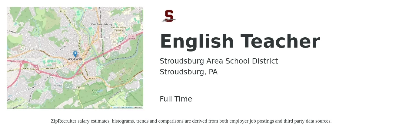 Stroudsburg Area School District job posting for a English Teacher in Stroudsburg, PA with a salary of $43,300 to $58,600 Yearly with a map of Stroudsburg location.