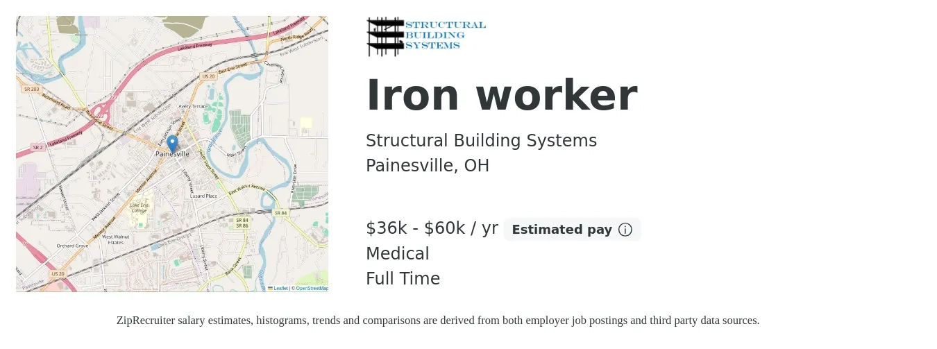 Structural Building Systems job posting for a Iron worker in Painesville, OH with a salary of $36,000 to $60,000 Yearly and benefits including retirement, and medical with a map of Painesville location.