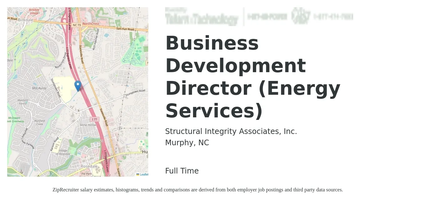Structural Integrity Associates, Inc. job posting for a Business Development Director (Energy Services) in Murphy, NC with a salary of $87,900 to $142,400 Yearly with a map of Murphy location.