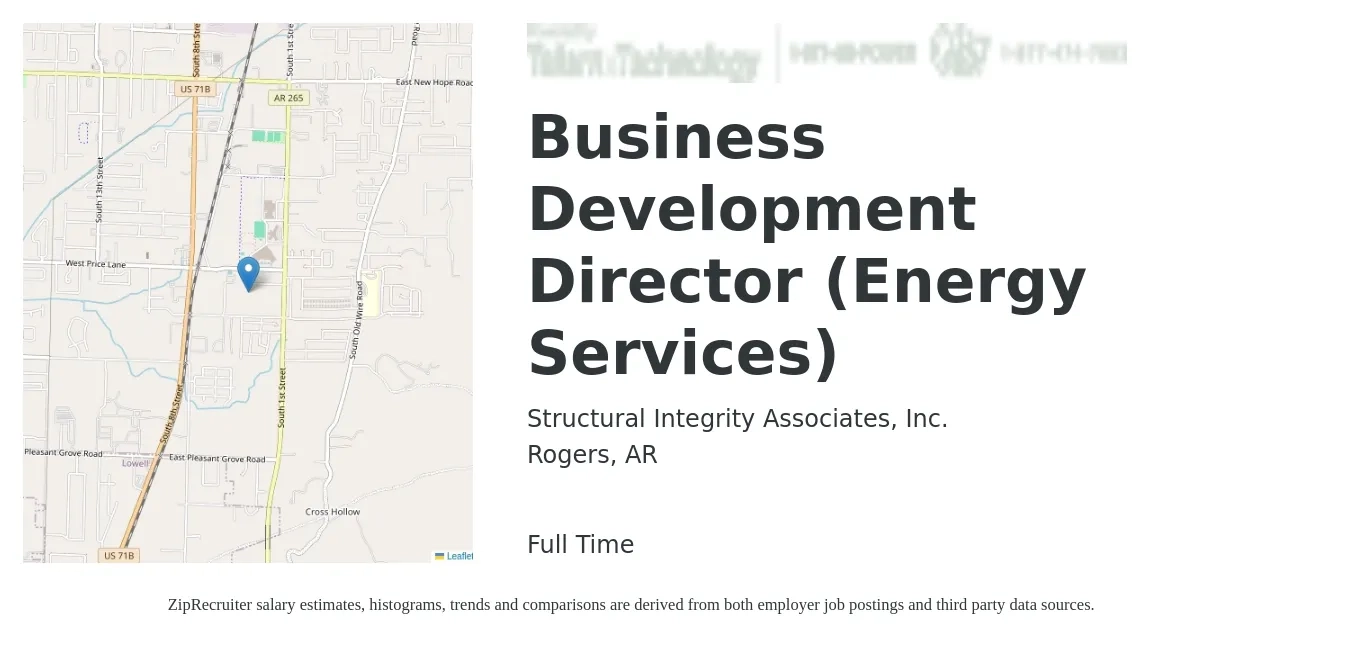 Structural Integrity Associates, Inc. job posting for a Business Development Director (Energy Services) in Rogers, AR with a salary of $87,600 to $141,900 Yearly with a map of Rogers location.