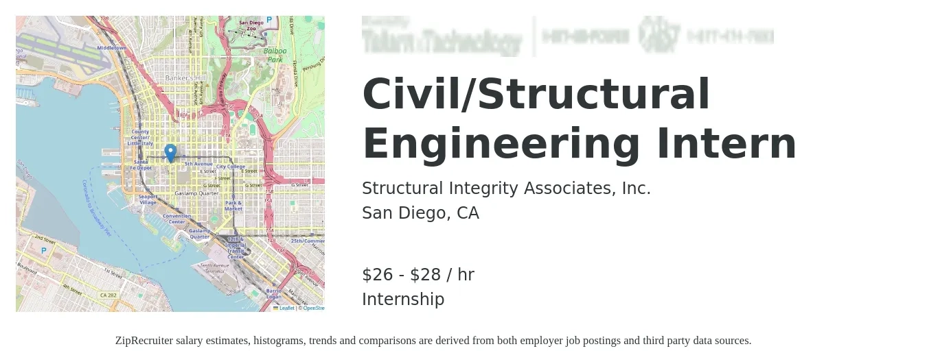 Structural Integrity Associates, Inc. job posting for a Civil/Structural Engineering Intern in San Diego, CA with a salary of $28 to $30 Hourly with a map of San Diego location.