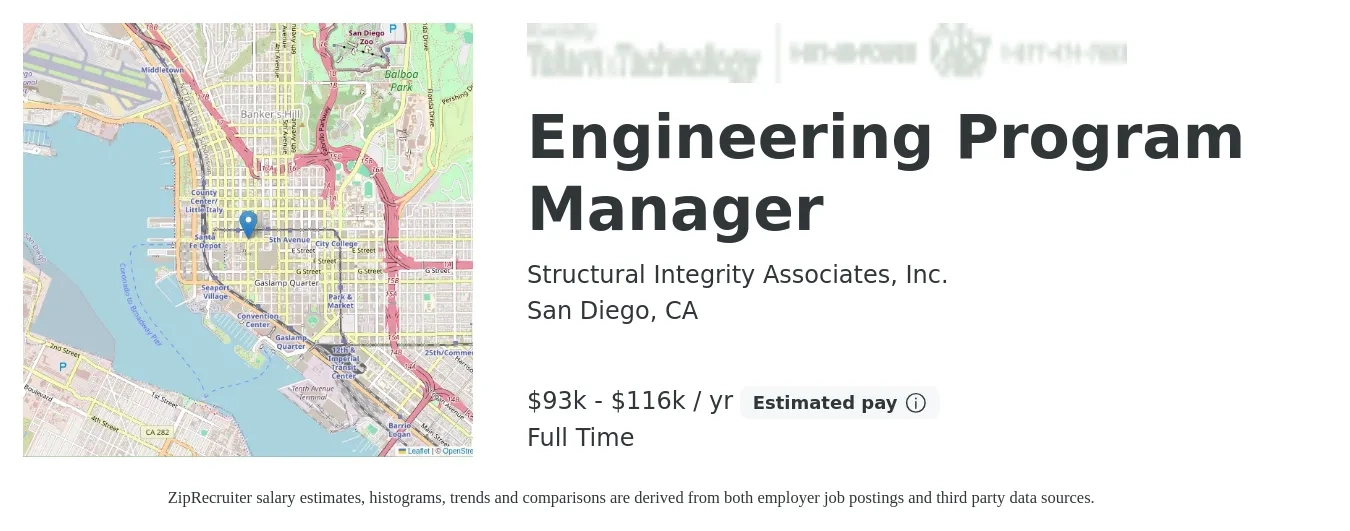 Structural Integrity Associates, Inc. job posting for a Engineering Program Manager in San Diego, CA with a salary of $93,000 to $116,000 Yearly with a map of San Diego location.