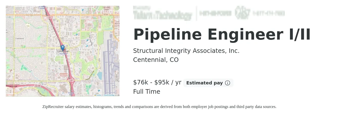 Structural Integrity Associates, Inc. job posting for a Pipeline Engineer I/II in Centennial, CO with a salary of $76,400 to $95,500 Yearly with a map of Centennial location.