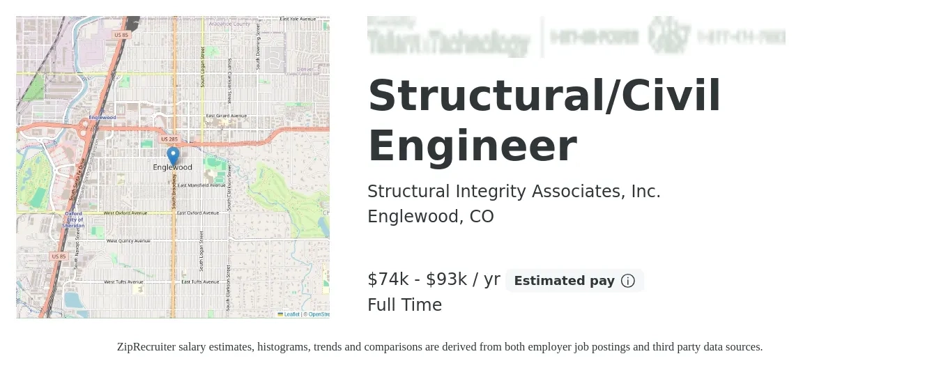 Structural Integrity Associates, Inc. job posting for a Structural/Civil Engineer in Englewood, CO with a salary of $74,700 to $93,400 Yearly with a map of Englewood location.