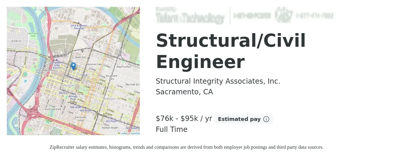 Structural Integrity Associates, Inc. job posting for a Structural/Civil Engineer in Sacramento, CA with a salary of $76,000 to $95,000 Yearly with a map of Sacramento location.
