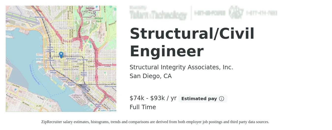 Structural Integrity Associates, Inc. job posting for a Structural/Civil Engineer in San Diego, CA with a salary of $74,900 to $93,600 Yearly with a map of San Diego location.
