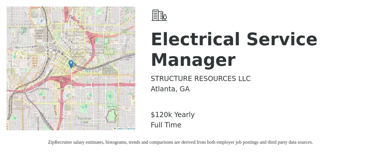 STRUCTURE RESOURCES LLC job posting for a Electrical Service Manager in Atlanta, GA with a salary of $120,000 Yearly with a map of Atlanta location.
